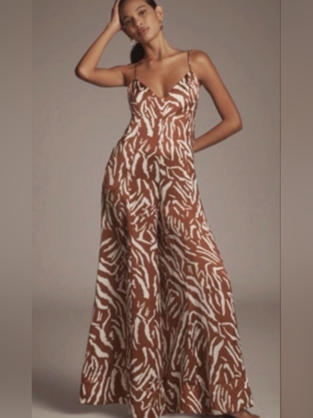 Bishop + Young Abstract Print Tie Front Wide Leg Jumpsuit Brown XS Pockets